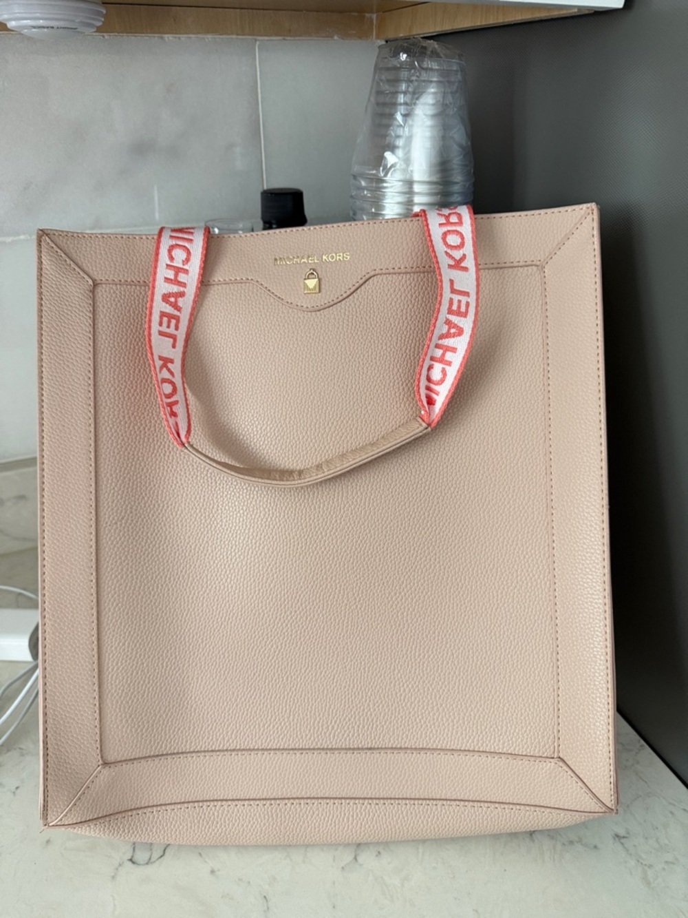 Michael Kors Blush Leather Tote with Branded Pink Webbing Strap
